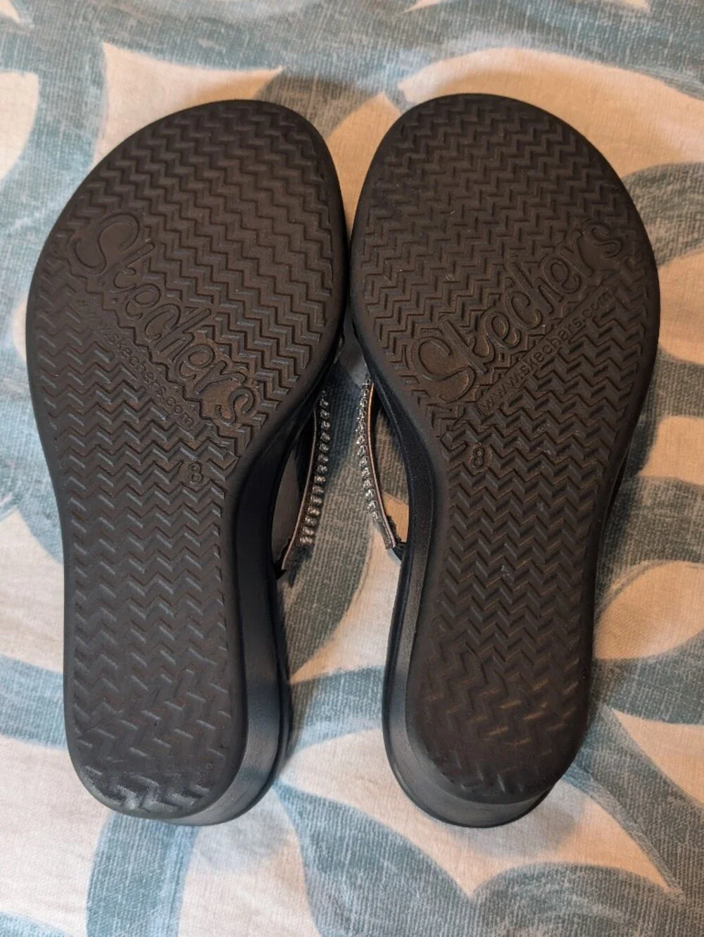 Skechers Black Wedge Sandals with Silver Straps